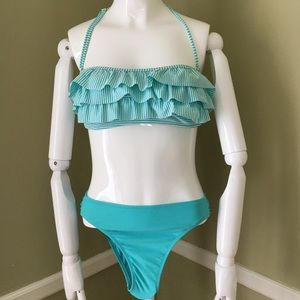 Jessica Simpson Seersucker Turquoise Ruffle Bikini